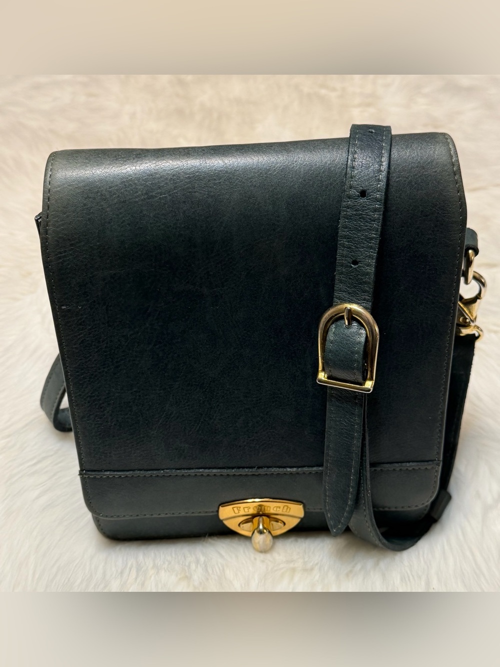 French Vintage Leather Crossbody Bag Dark Green with Gold Hardware
